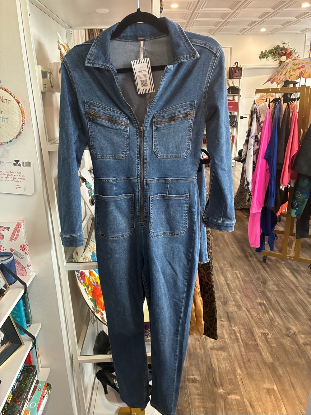 Free People Denim Zip-Front Jumpsuit size S